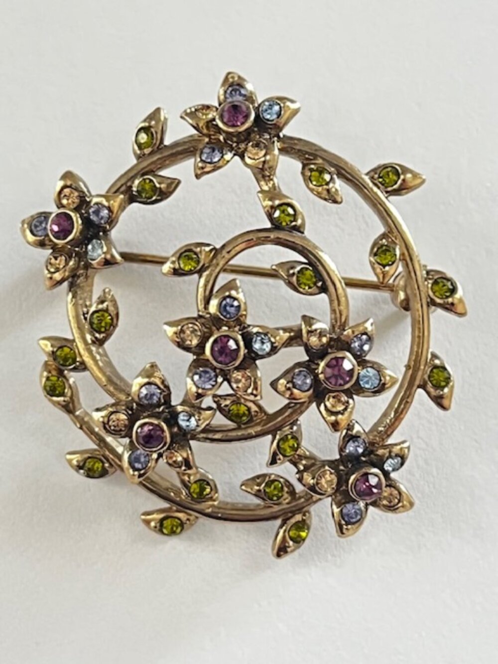 Monet Brooch Pin Floral Rhinestones Blue Purple Green - Picture 1 of 4